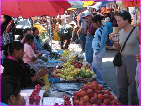 On discute le prix de ces belles pches, au march de Patzcuaro